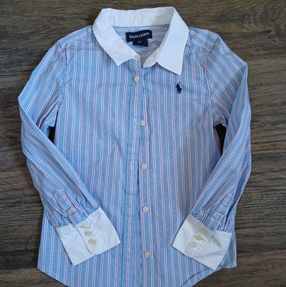 Ralph Lauren Girl's Button Down Striped Dress Shirt.